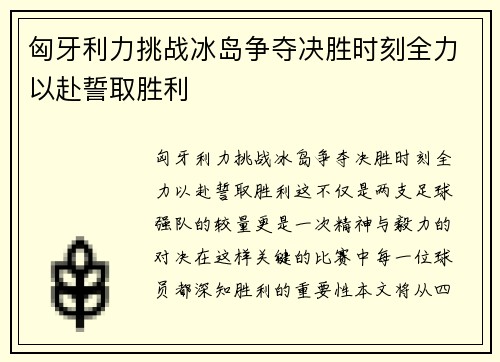 匈牙利力挑战冰岛争夺决胜时刻全力以赴誓取胜利