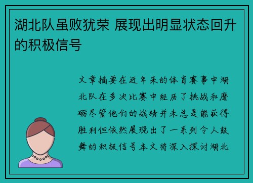 湖北队虽败犹荣 展现出明显状态回升的积极信号