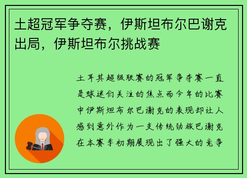 土超冠军争夺赛,伊斯坦布尔巴谢克出局,伊斯坦布尔挑战赛