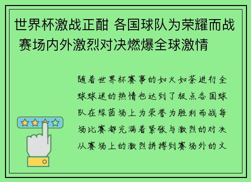 世界杯激战正酣 各国球队为荣耀而战 赛场内外激烈对决燃爆全球激情