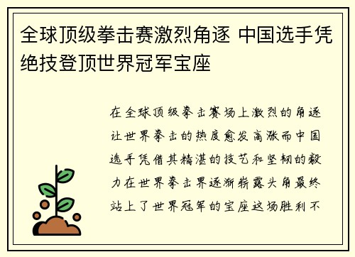 全球顶级拳击赛激烈角逐 中国选手凭绝技登顶世界冠军宝座